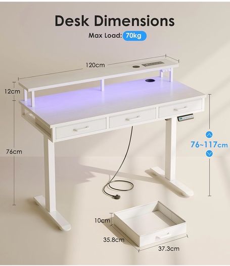 Electric Standing Desk, 120 x 54cm Height Adjustable Desk with 3 Drawers, RGB LED Strip & Charging Station