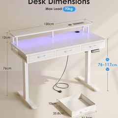 Electric Standing Desk, 120 x 54cm Height Adjustable Desk with 3 Drawers, RGB LED Strip & Charging Station