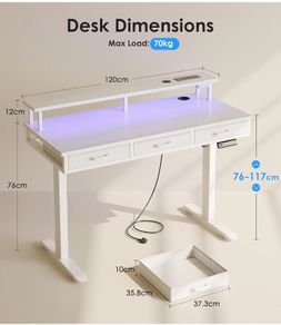 Electric Standing Desk, 120 x 54cm Height Adjustable Desk with 3 Drawers, RGB LED Strip & Charging Station