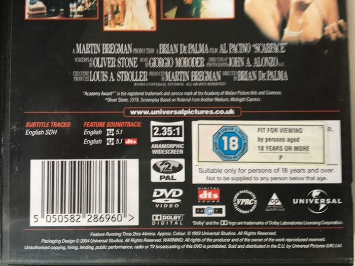 Scarface (Brian De Palma Film) [1983] Al Pacino, Steven Bauer, Michelle Pfeiffer, Mary Elizabeth Mastrantonio & F. Murray Abraham [1xMovie DVD]