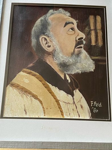 Framed Vintage Oil Portrait of Saint Padre Pio Signed F. Feld '80