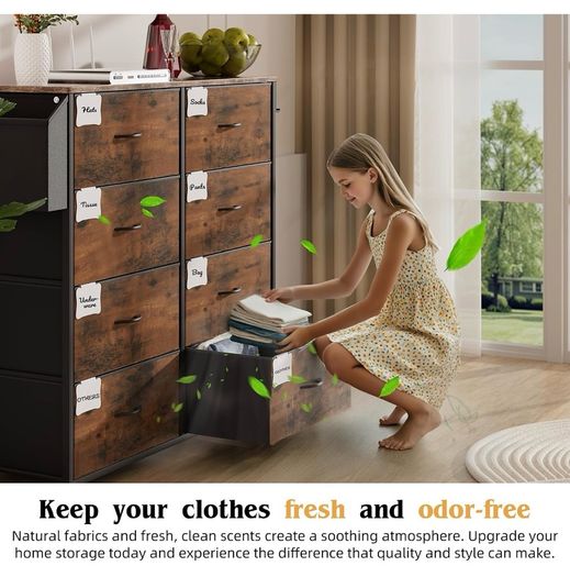 Fabric Chest of Drawers - Canvas Storage Unit with 8 Large Drawers Label Cards, Side Pocket & Hook for Living Room, Hallway, Bedroom