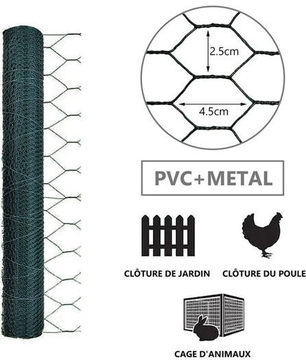Chicken Wire Mesh Roll, PVC Coated Hexagonal Wire Mesh Fencing, Wire Poultry Netting, 1m x 25m, Hole Size: 25mm, Green (FREE POSTAGE)