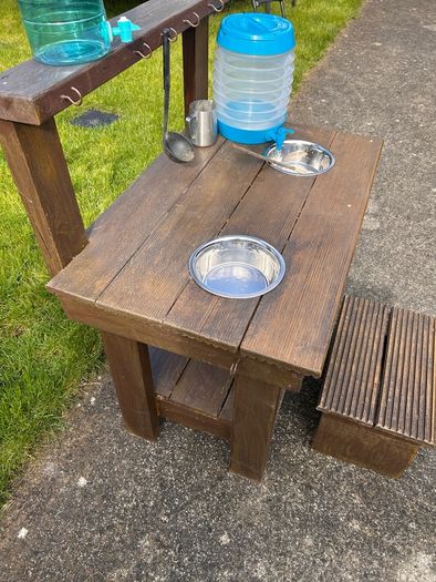 Hand made solid timber mud kitchen with stool with accessories