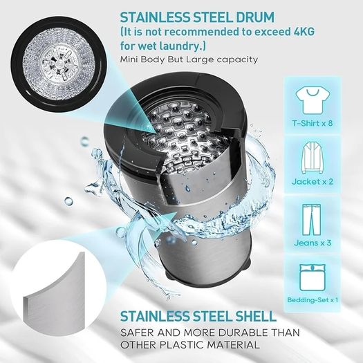 Spin Dryer 4kg by Umelome, Energy&Power Saving Spinner 2800 RPM Clothes Dryer, Energy Efficiency Class: A+++, Gravity Drain dryer, Silvery