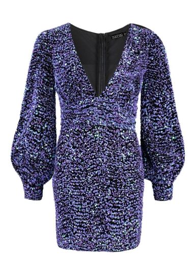 Tall Sequin Balloon Sleeve Plunge Mini Dress