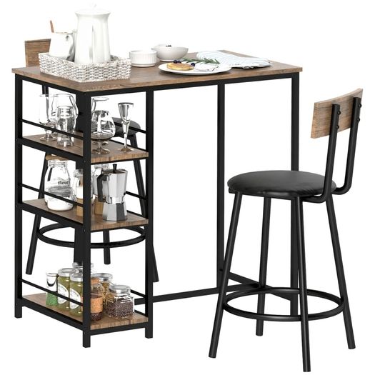 3-piece dining set with bar table and 2 chairs, small kitchen set with side shelves, MDF, metal, black