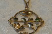 Antique Edwardian 9ct Gold Green Garnet Openwork Pendant &amp; Belcher Chain Necklace
