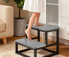 Heavy Duty 2 Step Stool with 500 Lbs Capacity Non-Slip Feet and Rounded Edges Wooden Foot Stool for High Bed Kitchen Bathroom RV Outdoor Grey