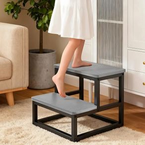 Heavy Duty 2 Step Stool with 500 Lbs Capacity Non-Slip Feet and Rounded Edges Wooden Foot Stool for High Bed Kitchen Bathroom RV Outdoor Grey