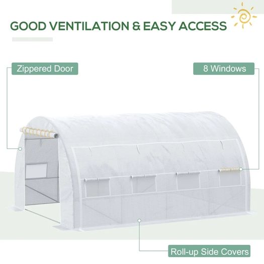 4 x 3 x 2 m Polytunnel Greenhouse w/ Roll-up Side Walls, Steel Frame Walk-in Grow House Tent w/ Zippered Door and 8 Windows and Reinforced Cover for Garden and Backyard, White