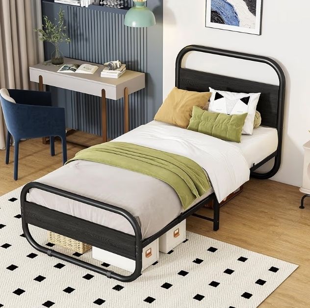Single Bed Frame with Headboard, Black Single Bed 90x190 cm with Under-Bed Storage,Steel Slats Mattress Foundation Round Pipe Design,Black