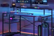 140 CM Computer Desk with Power Outlets &amp; LED Lights with Monitor Shelf Gaming Desk with Shelves Writing Desk with Storage