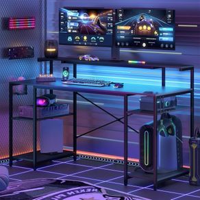 140 CM Computer Desk with Power Outlets & LED Lights with Monitor Shelf Gaming Desk with Shelves Writing Desk with Storage