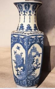 Magnificent Trio of Large 45cm Chinese Hexagonal Blue and White Vases
