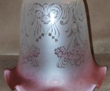Vintage Frosted Matt Glass Shade with Etched Flowers & Cranberry Tinted Edge