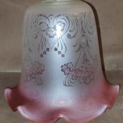 Vintage Frosted Matt Glass Shade with Etched Flowers & Cranberry Tinted Edge