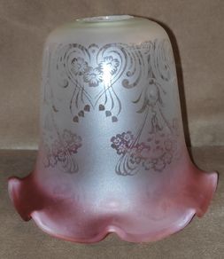 Vintage Frosted Matt Glass Shade with Etched Flowers & Cranberry Tinted Edge