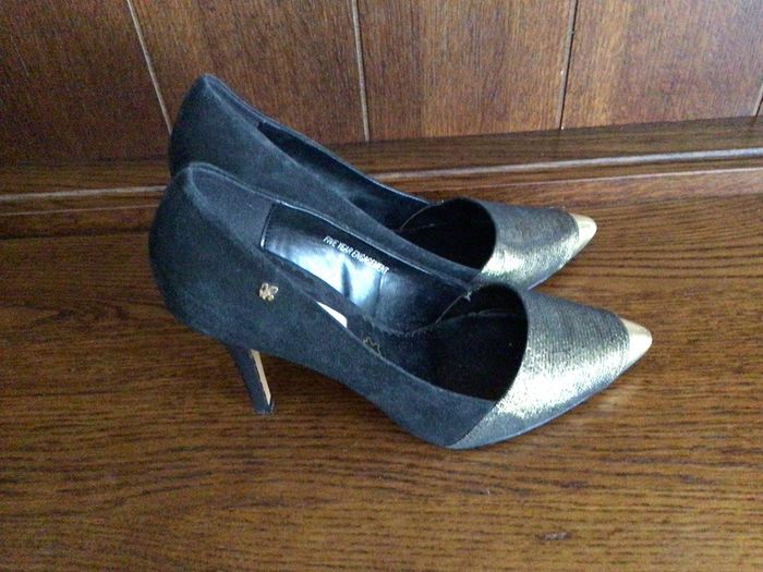 Bourbon Amy Humberman black suede and gold leather high heel court shoes size 5 eu 38
