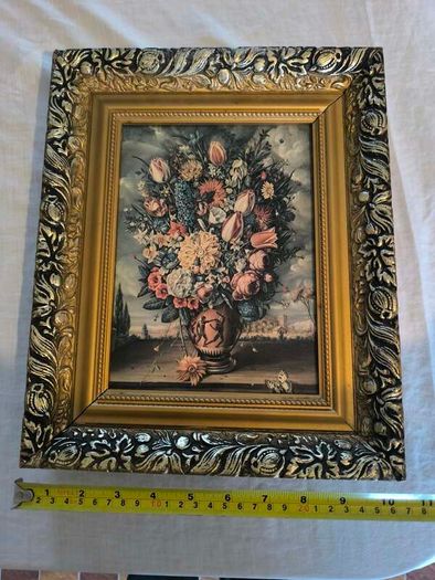 Floral still life high quality reproduction oil painting on canvas in an ornate chunky gold frame