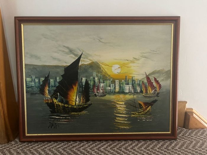 Vintage Oil Painting on Board of Boats in a Harbour