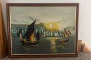Vintage Oil Painting on Board of Boats in a Harbour