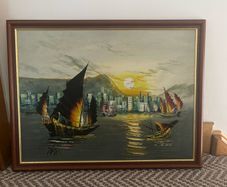 Vintage Oil Painting on Board of Boats in a Harbour