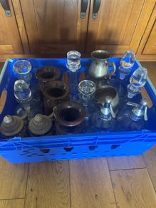 Decanters, hand carved tankers, antique beer cups