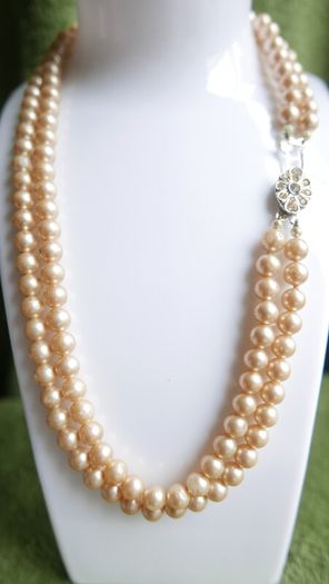 Vintage ART DECO champagne glass pearl hand knotted 2 rows necklace