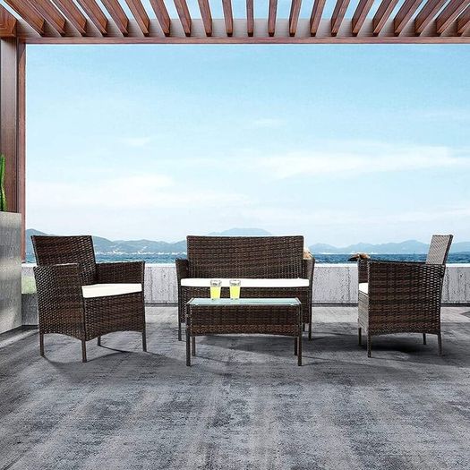 4-Piece Outdoor Rattan Patio Set with Glass Coffee Table  Brown