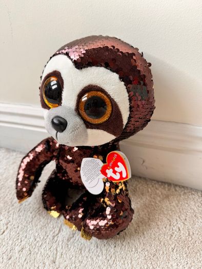 TY Flippables Dangler Sloth Brown Gold Sequins approx. 23 cm. Used Please see photos