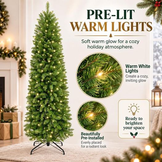 8FT Slim Pre-Lit Artificial Pencil Christmas Tree