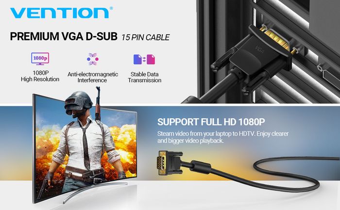 Vention 5M Premium VGA/WQXGA (2K/QHD/Full HD) [2560x1600@60Hz] Male/Male Gold-Plated Cable (Brand New/Warranty)
