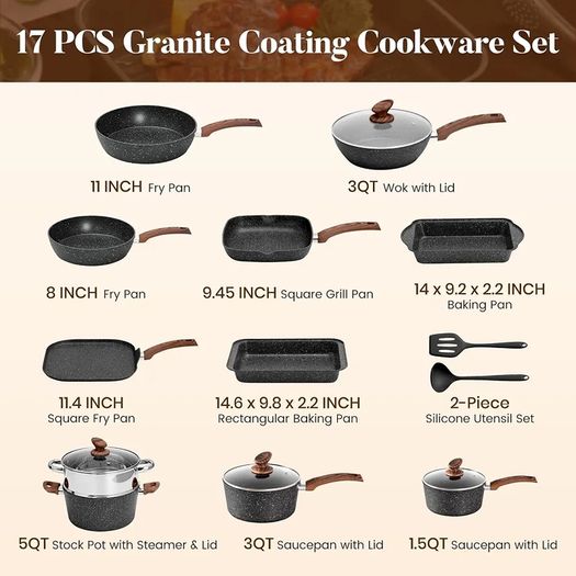 17pcs Induction Hob Pan Set, Black Granite Cookware Sets Pots and Pans Sets Non Stick, Nonstick Cookware and Bakeware, PFOA & PFOS Free