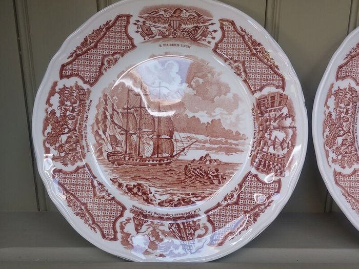 Vintage Set of Six Brown and White Fair Winds, Historical Scenes of Chinese Export to America - "The George Washington at Anchor" Salad Plates by Alfred Meakin