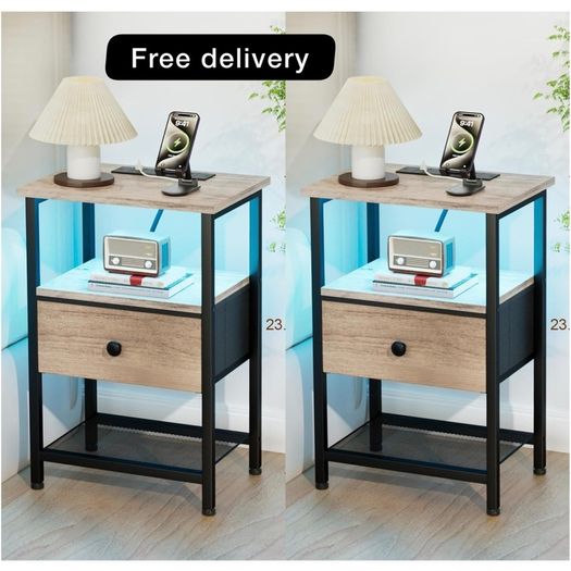 Bedside Table with Charging Station, Small Sofa Side Table with LED Light