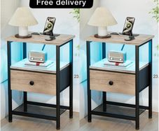 Bedside Table with Charging Station, Small Sofa Side Table with LED Light
