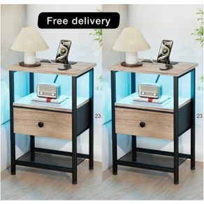 Bedside Table with Charging Station, Small Sofa Side Table with LED Light