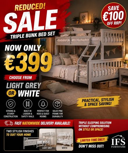 Triple Bunk Bed 4ft6 Double & Single Top Bed Only 399