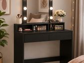 Dressing Table with LED Lighting, Adjustable Brightness, Dressing Table with Mirror, Cosmetic Table with 2 Drawers and 3 Open Compartments, Modern Black