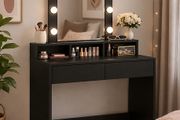Dressing Table with LED Lighting, Adjustable Brightness, Dressing Table with Mirror, Cosmetic Table with 2 Drawers and 3 Open Compartments, Modern Black