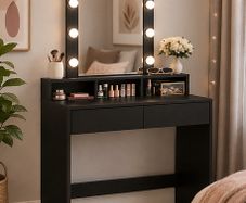 Dressing Table with LED Lighting, Adjustable Brightness, Dressing Table with Mirror, Cosmetic Table with 2 Drawers and 3 Open Compartments, Modern Black