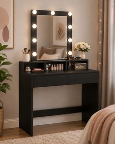 Dressing Table with LED Lighting, Adjustable Brightness, Dressing Table with Mirror, Cosmetic Table with 2 Drawers and 3 Open Compartments, Modern Black