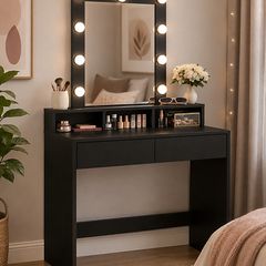 Dressing Table with LED Lighting, Adjustable Brightness, Dressing Table with Mirror, Cosmetic Table with 2 Drawers and 3 Open Compartments, Modern Black