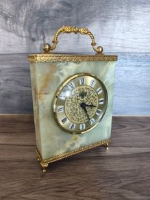 Vintage Mantel Clock Onyx Azizoff 1970s Marble Quartz Brass Shelf Desk Carriage Battery Powered Clock Made in England/ West Of Germany Untested Parts Or Repair