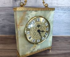 Vintage Mantel Clock Onyx Azizoff 1970s Marble Quartz Brass Shelf Desk Carriage Battery Powered Clock Made in England/ West Of Germany Untested Parts Or Repair