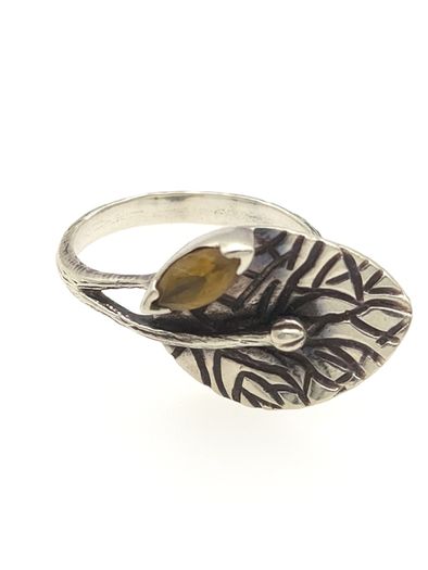 Vintage 925 Sterling Silver & Smoky Quartz Leaf Ring