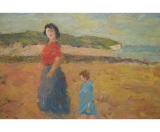 Oil on board painting Woman and child on Rush beach