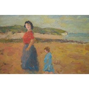 Oil on board painting Woman and child on Rush beach