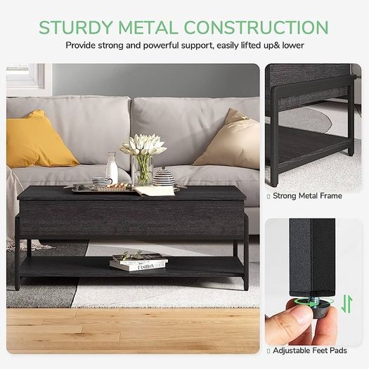 Metal Frame Lift Top Coffee Table with Large Hidden Storage, 3 Tier Tea Tables for Living Room, industrial Style, Adjustable table legs, Waterproof&Anti-scratch Desktop, Black (FREE SHIPPING)